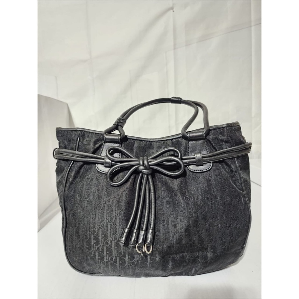 Authentic CHRISTIAN DIOR Trotter Canvas Bow Small Tote Bag Black - Picture 10 of 12